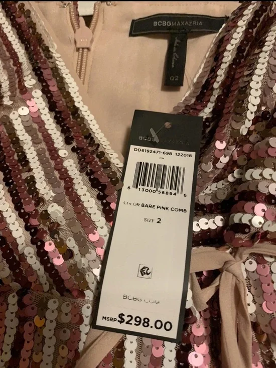 BCBGAMAXAZRIA Women’s Multi Color Sequin V-Neck Stripped Wrap Dress Size 2 - Picture 10 of 11